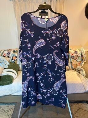 Navy Paisley Floral Scoop Neck Women’s Dress